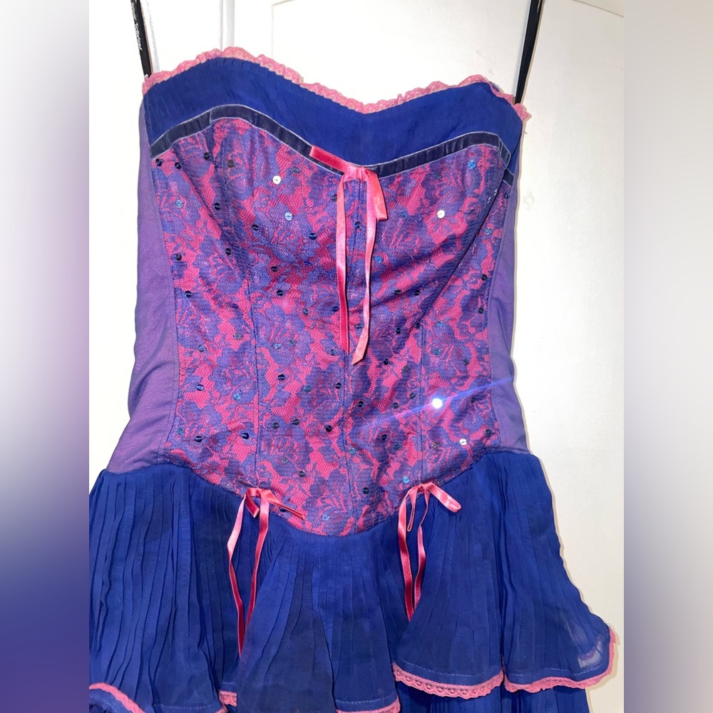 Y2K Vintage Betsey Johnson Strapless Corset Ruffle Pink Blue Lace Cupcake Mini 💘 - Picture 9 of 15